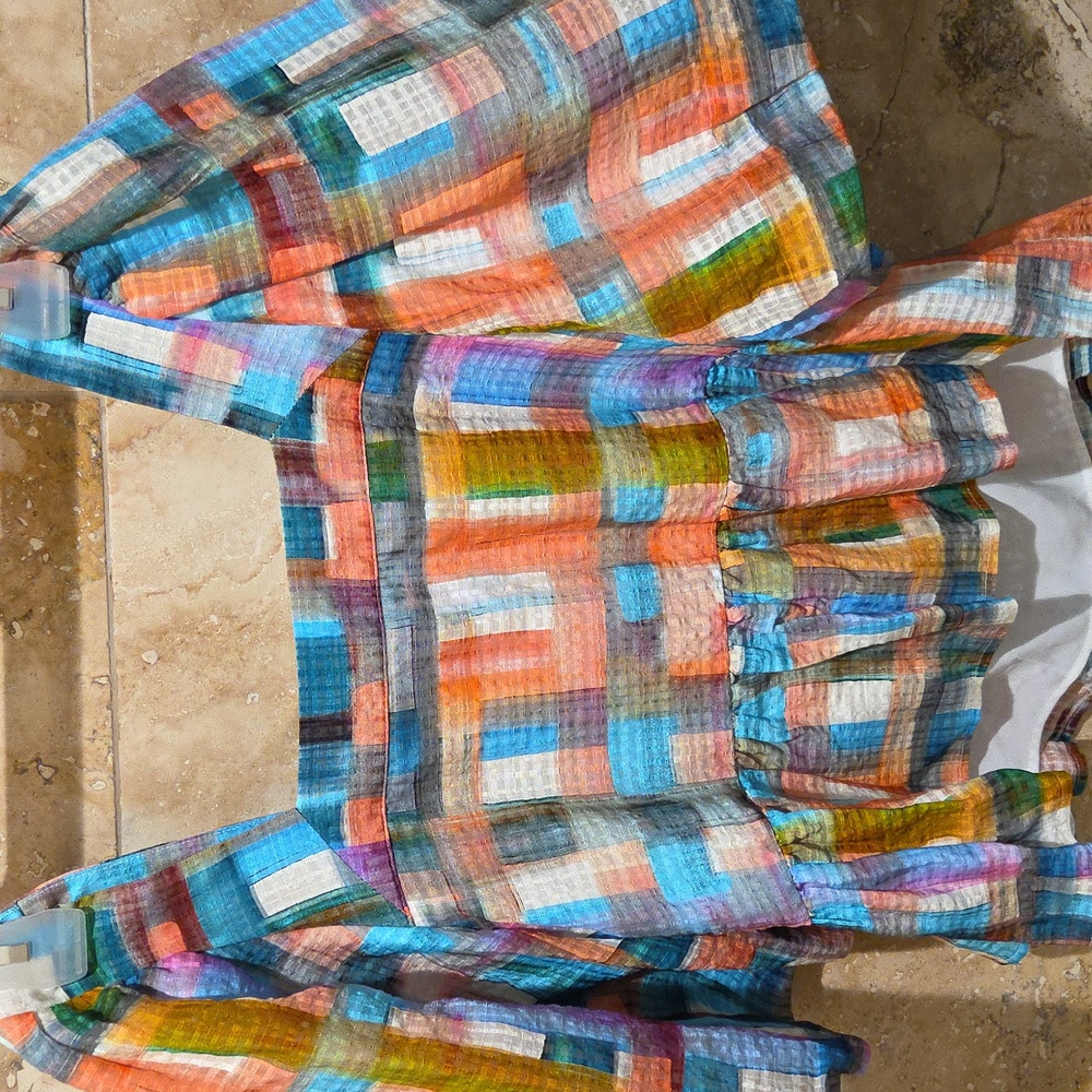 Marie Oliver Colorful Checkered Square Neck Blouse, Blue/Orange Coral 🧡